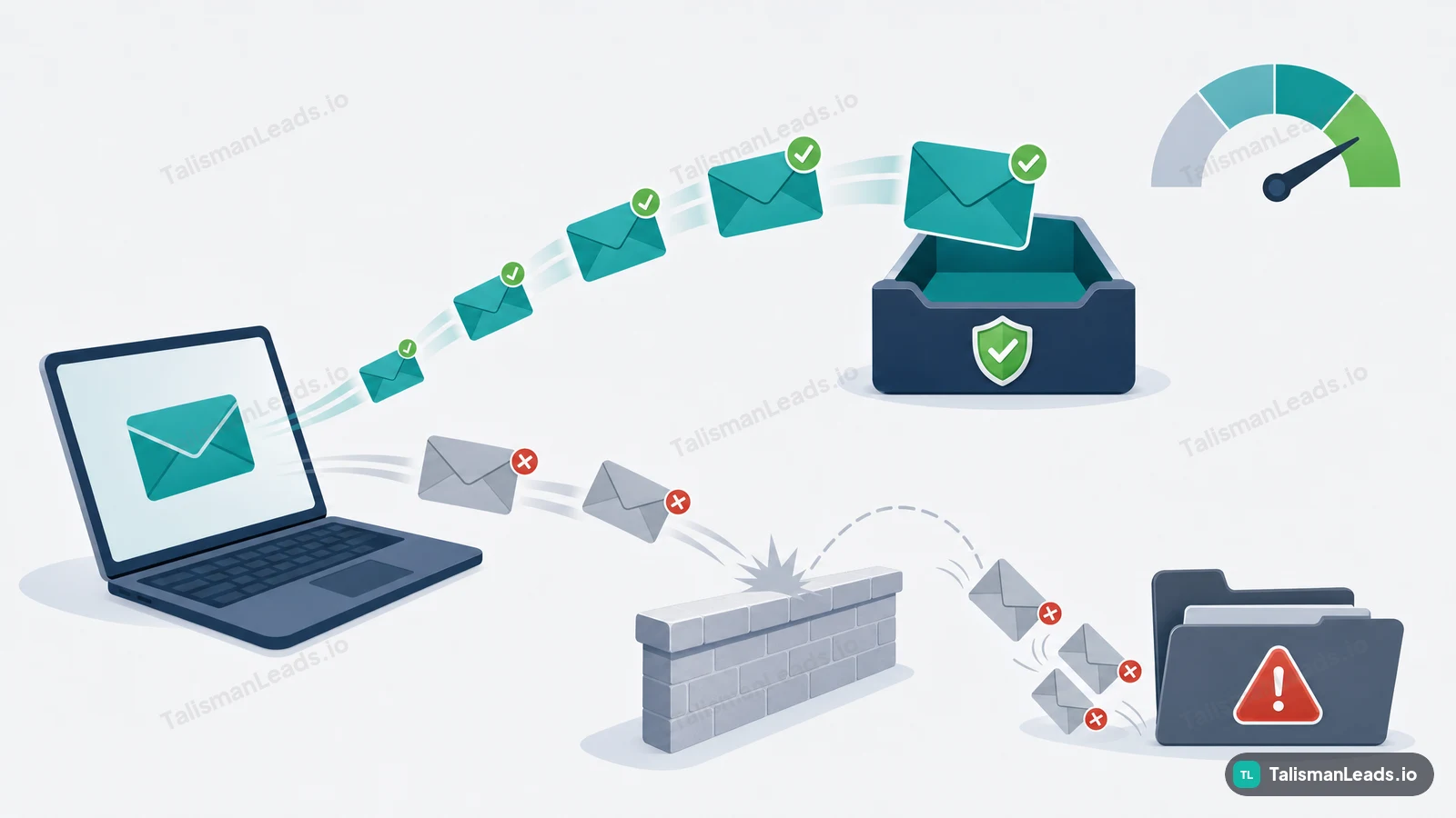 Emails to verified addresses reach the inbox, while emails to invalid addresses bounce and land in spam