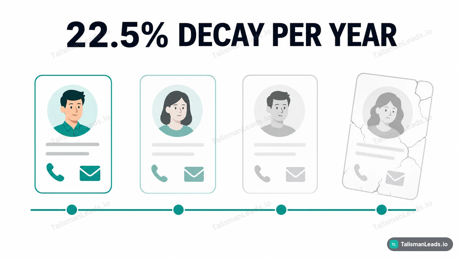 Contact cards fading along a timeline: B2B lead data decays by up to 22.5% a year